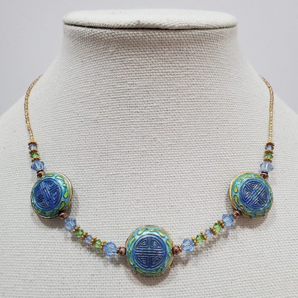 Vtg Cloisonne Shou Bead Choker Necklace Goldtone Enamel Faceted Statement 17.75"